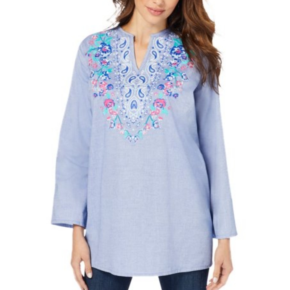 NWT Roaman's Embroidered Tunic Top Boho Blue Blouse sz 24W